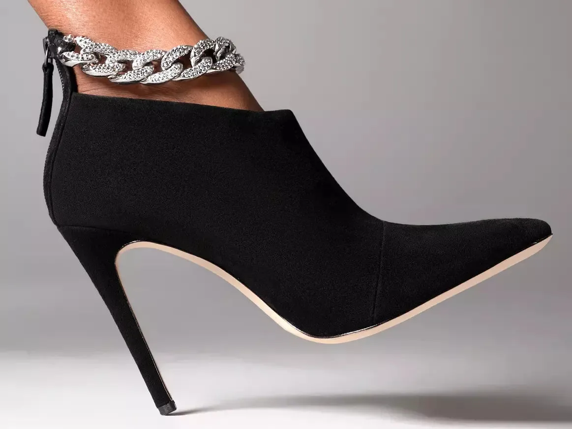 Women’s Crystal Chain High-Heel Suede Ankle Boots in Black