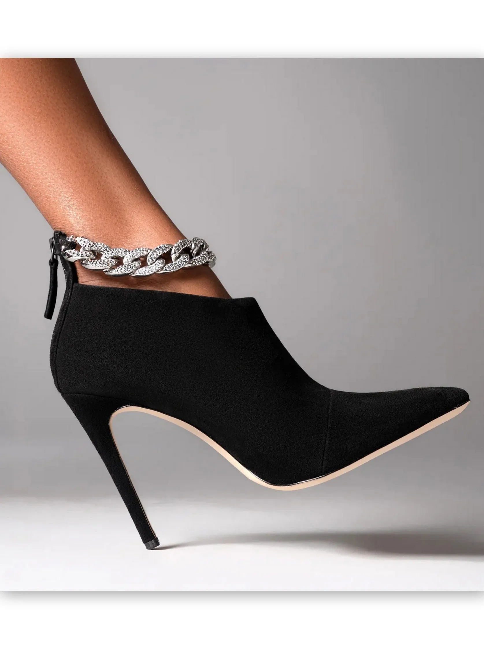 Women’s Crystal Chain High-Heel Suede Ankle Boots in Black